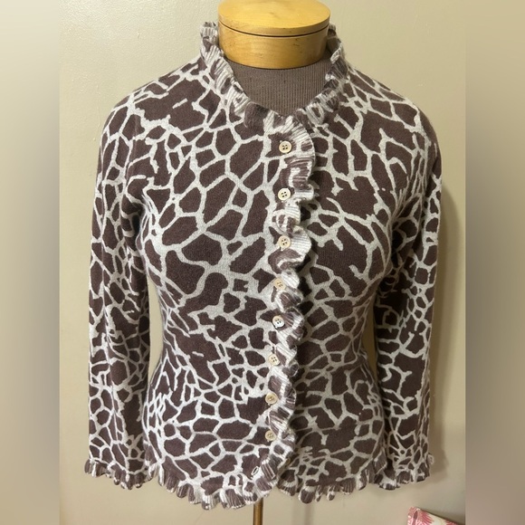 Pure Collection Sweaters - Pure Collection 100% Cashmere Ruffle Edge Cardigan- Giraffe Print - Size 14